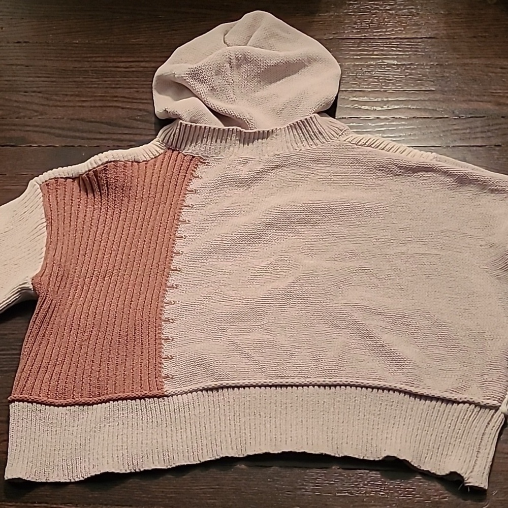 POL Color Block Multi-texture V-neck Knit Hooded Sweater Wmn L Oversized Slouchy - Picture 13 of 16